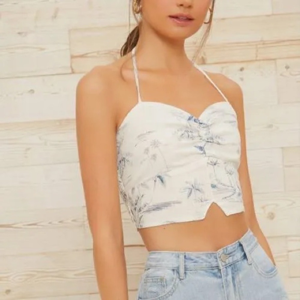 Le Lis Collection Blue‎ White Tropical Toile Halter Crop Top Womens S